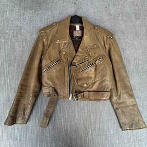 Vintage UMR Real Leather Cropped Biker Jacket Womens Medium Brown Asymmetric Zip